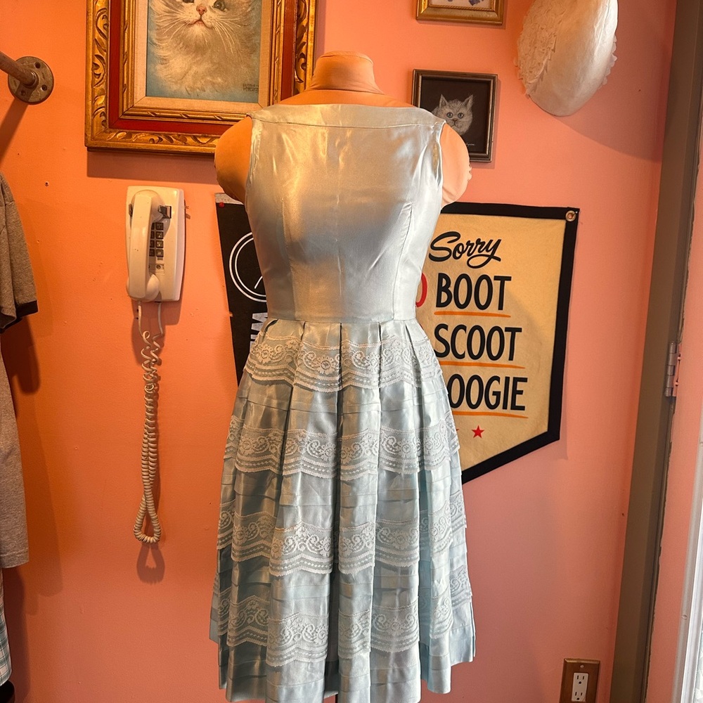 Vintage 50s Style Blue Satin Lace Dress | Small | Fit & Flare Party Wedding